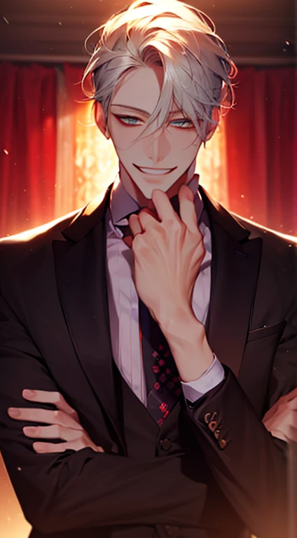 (Highest quality,4K,8K,High resolution,masterpiece:1.2),Super detailed,(Realistic,photoRealistic,photo-Realistic:1.37),1 person,34 years old,Mature Men,Beautiful skin、very handsome,Expressionless smile in love,Short white hair,green eyes,Sharp Eyes,A perfect face without a doubt,Businessman, CEO, Office Background,Cinema Lighting,HDR image,tie、