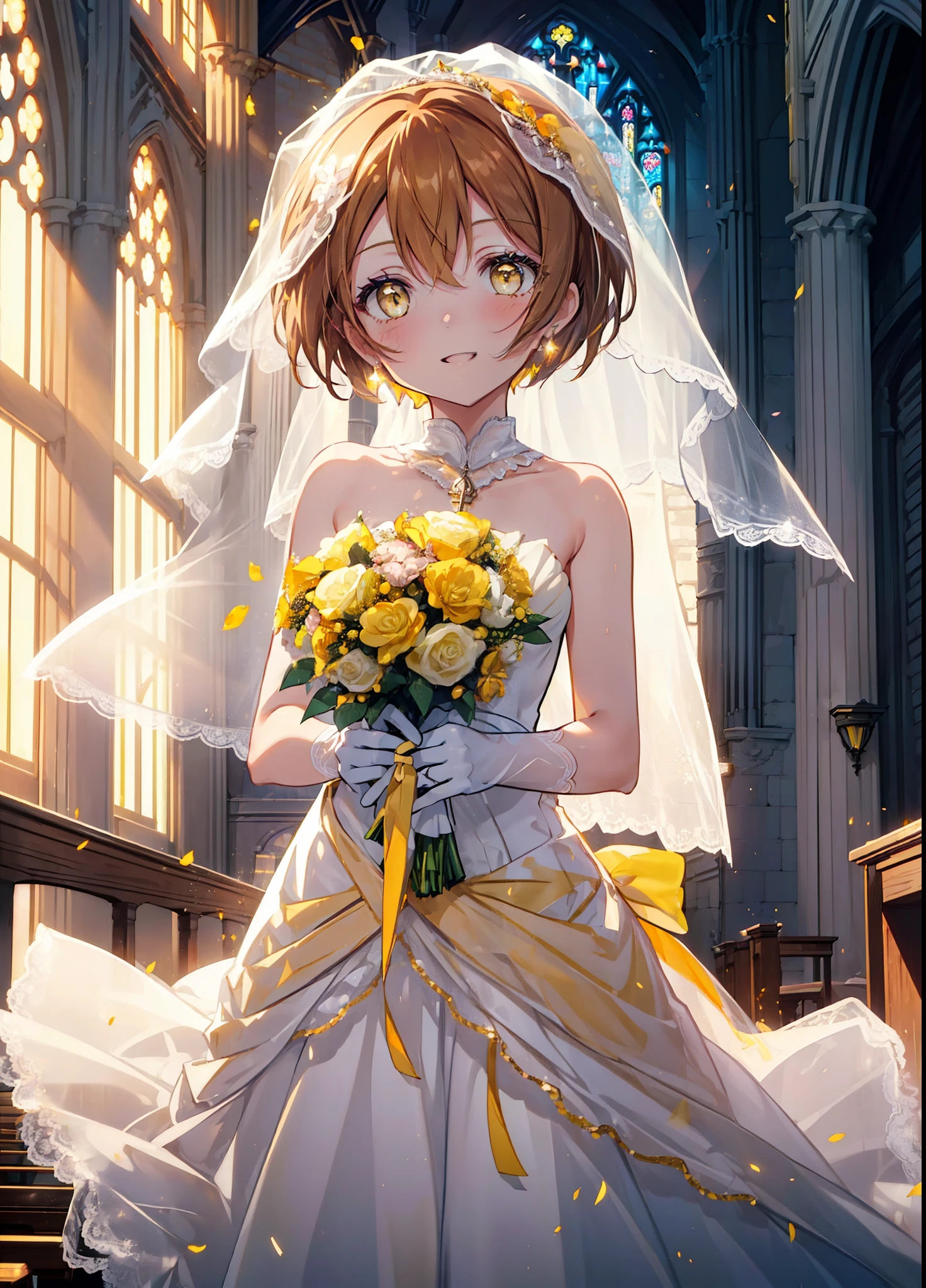 Rin Hoshizora (Yellow Eyes:1.5), Hair between the eyes, Brown Hair,short hair,blush,happy smile, smile, Open your mouth,Wedding dress,Veil,bouquet,　　　　　　　　　　　　break looking at viewer, whole body,(Cowboy Shot:1. 5) 　　　　　　　　　　　　　　　　　　　break indoors, Chapel,church, 　　　　　　　　　　　break (masterpiece:1.2), Highest quality, High resolution, unity 8k wallpaper, (shape:0.8), (Beautiful attention to detail:1.6), Highly detailed face, Perfect lighting, Extremely detailed CG, (Perfect hands, Perfect Anatomy),