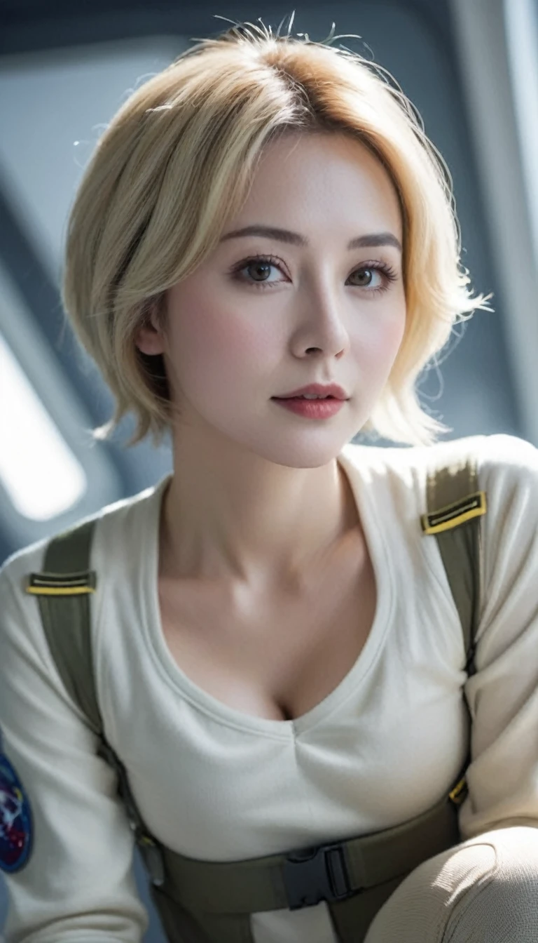 (((Surreal woman)))、((Very pretty 30-year-old white woman))、(((Large cleavage)))、(((Female astronaut)))、(((Large cleavage)))、
short hair、Blonde mature、8K,Body facing the camera,Head facing lens,Upper Body,Fat body type、Beautiful expression、Beautiful brown eyes、Staying on a huge space station、China's,Red lips、(((Please wear a space suit)))、(((Solitary)))、