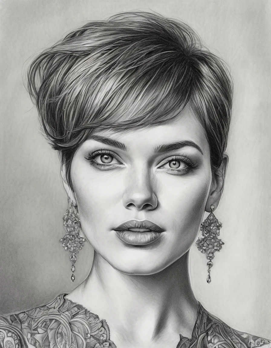 a drawing of a woman with short hair and earrings, detailed beauty portrait, detailed beautiful portrait, realistic pencil drawing, extremely detailed woman, elegant digital painting, detailed woman, detailed illustration portrait, epic portrait illustration, stunning drawing, beautiful drawing style, beautiful beautiful digital art, Bela arte UHD 4K, realistic sketch, elegant drawing, high quality sketch art