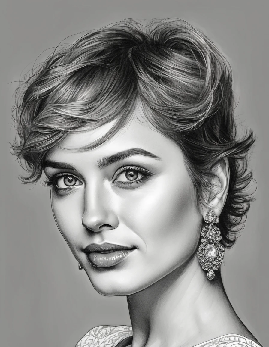 a drawing of a woman with short hair and earrings, detailed beauty portrait, detailed beautiful portrait, realistic pencil drawing, extremely detailed woman, elegant digital painting, detailed woman, detailed illustration portrait, epic portrait illustration, stunning drawing, beautiful drawing style, beautiful beautiful digital art, Bela arte UHD 4K, realistic sketch, elegant drawing, high quality sketch art