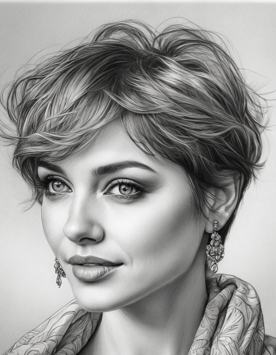 a drawing of a woman with short hair and earrings, detailed beauty portrait, detailed beautiful portrait, realistic pencil drawing, extremely detailed woman, elegant digital painting, detailed woman, detailed illustration portrait, epic portrait illustration, stunning drawing, beautiful drawing style, beautiful beautiful digital art, Bela arte UHD 4K, realistic sketch, elegant drawing, high quality sketch art