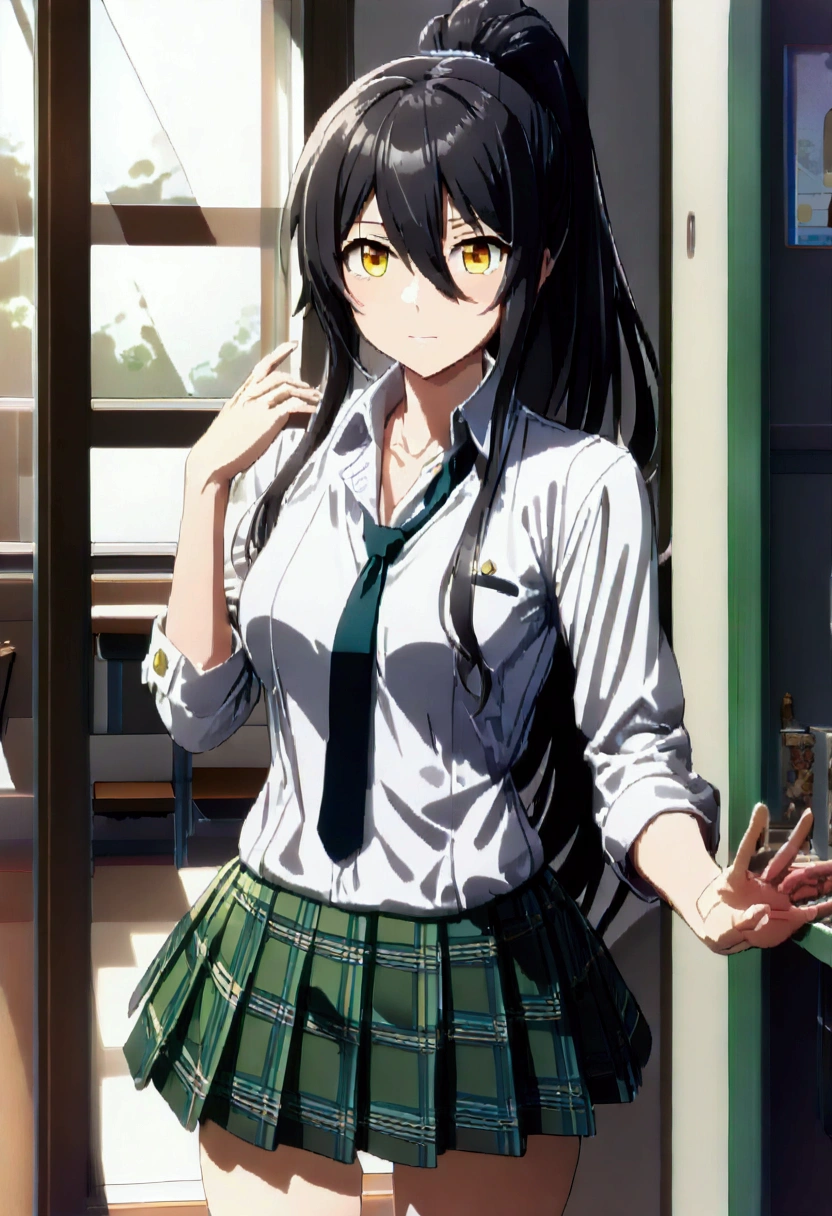 Sakurai Rase, sakuya shirase, Black Hair, Hair between the eyes, Long Hair, ponytail, (Yellow Eyes:1.5),
break collarbone, green tie, green skirt, tie, Open collar, Plaid, Plaid skirt, pleated skirt, , shirt, skirt, white shirt,
break looking at viewer, whole body,
break indoors, classroom,
break (masterpiece:1.2), Highest quality, High resolution, unity 8k wallpaper, (figure:0.8), (Beautiful attention to detail:1.6), Highly detailed face, Perfect lighting, Highly detailed CG, (Perfect hands, Perfect Anatomy),