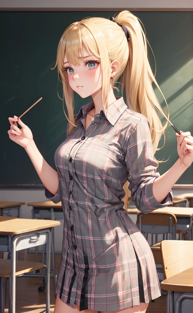 teenage girl, lean, skinny, uneven blonde hair with ponytail, wild, untamed, oversized flannel shirt, classroom, unhappy