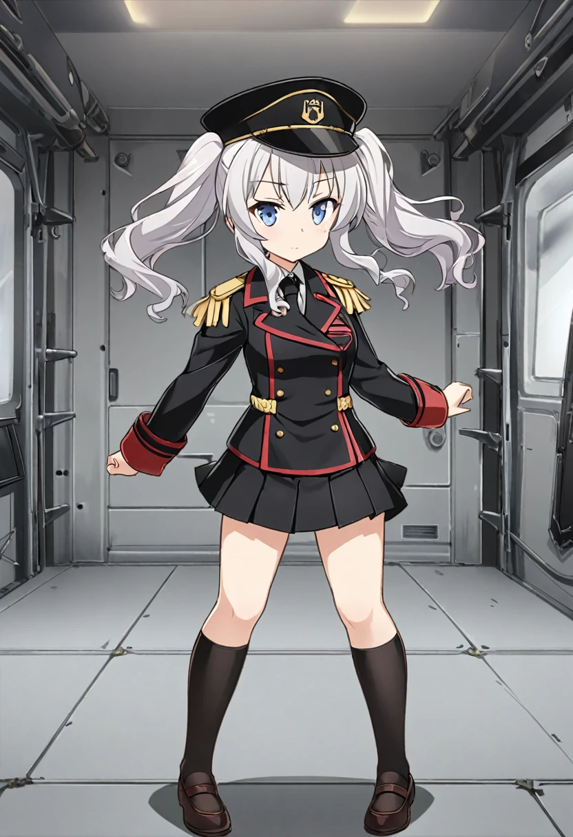 1 ship girl,Light Cruiser Kashima,Training Cruiser Kashima,Fleet Collection,Kantai Collection,Cosplay,Twin tails,Formal uniform with epaulettes,Fleet Collection -Kantai Collection- 鹿島,Pleated skirt,Black knee-high socks,Blue Eyes,Loosely wavy silver hair,Black Hat,Outfitting,