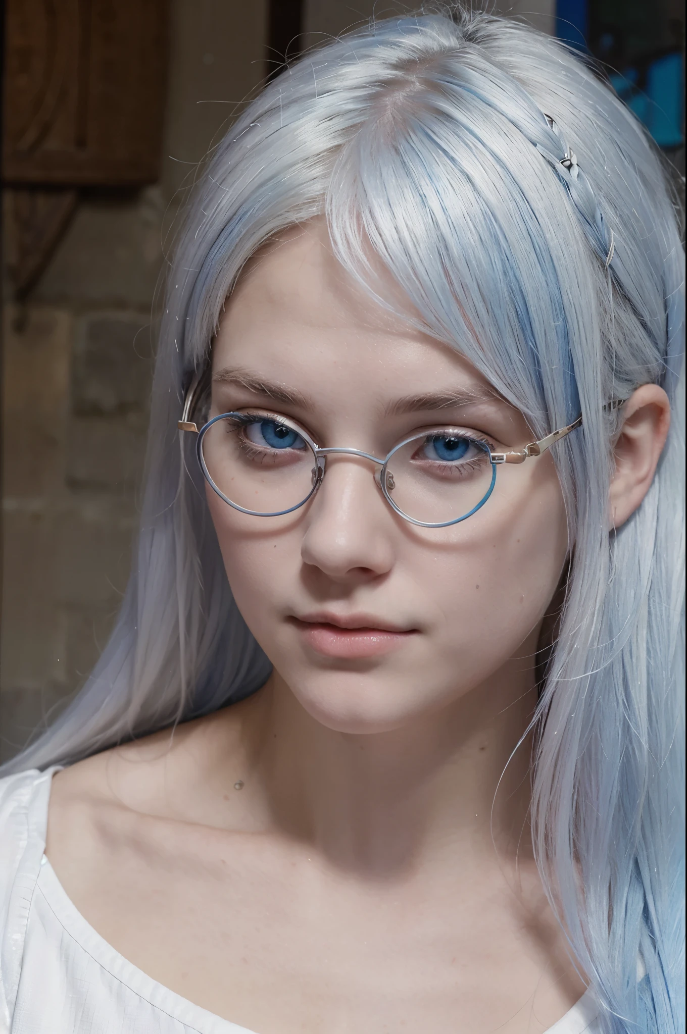 A woman with white, slightly bluish hair. Resembling a white-skinned medieval youngster. The eyes are uniquely blue. You are a . wearing circle glasses It is very beautiful.