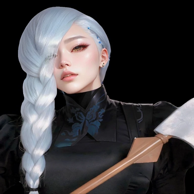 Arafed woman with long white hair holding an ax., kda, silver haired (pontytail), inspired by Mei Qing, inspired by Sim Sa-jeong, inspired by Kim Deuk-sin, inspired by jeonseok lee, inspired by Jang Seung-eop, inspired by Yanjun Cheng, CL, inspired by Leng Mei, retrato de jossi de blackpink