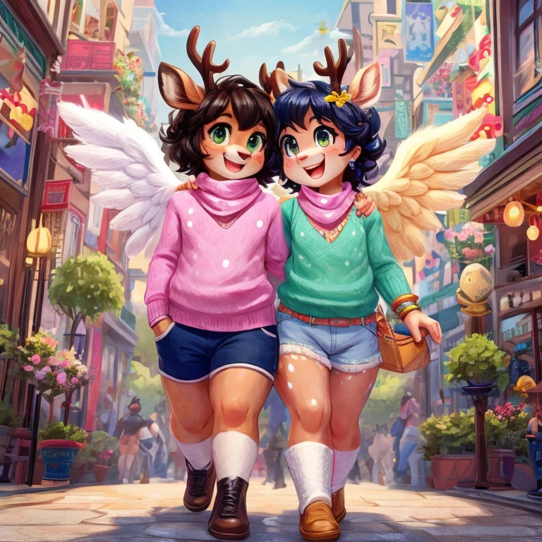 Cute, deer boy, small deer antlers, innocent, chubby, fat, big thighs, androgynous, femboy, short curly hair, black hair, fawn spots, freakles, ((cute)), smiling, wearing cottage core outfit, pastel color scheme, young, cartoony, adorable, deer tail, moss green eyes, angel wings, dynamic pose, excited pose, energetic pose, happy pose, spring, spring clothes, spring colors, flowers blooming, wearing a lightweight pastel-colored sweater or cardigan with a subtle pattern like polka dots or stripes with high-waisted tailored shorts in a neutral color like beige or white and classic loafers in a soft leather or suede accompanied by a silk scarf tied around the neck or used as a hair accessory and pearl earrings and a matching bracelet along with a structured handbag in a coordinating pastel color, walking through a bustling city, busy city, open air mall, romantic style,