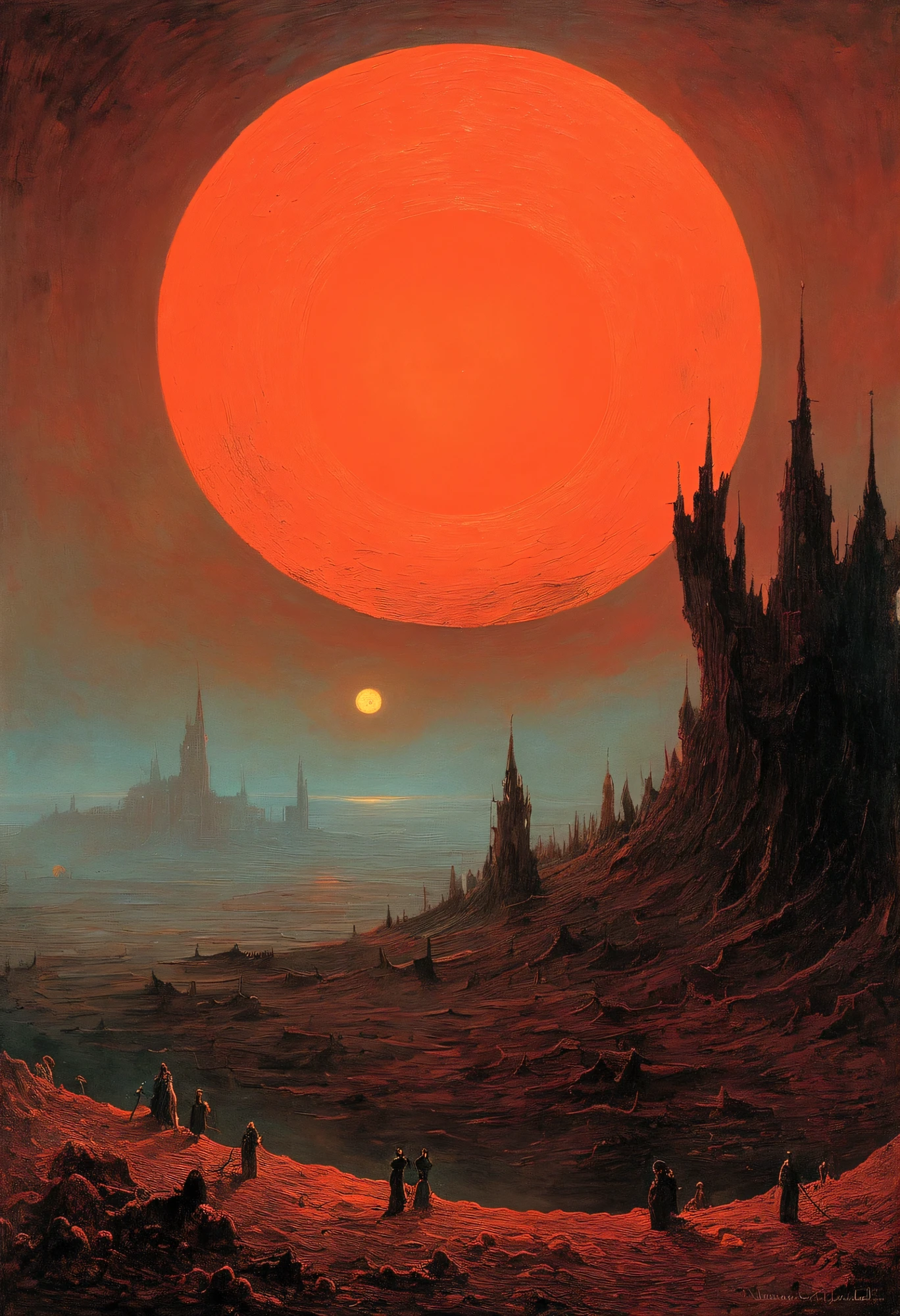 Mythical creatures, author：Zdzislaw Beksiński and Vincent van Gogh, Red moon and big eyeucha