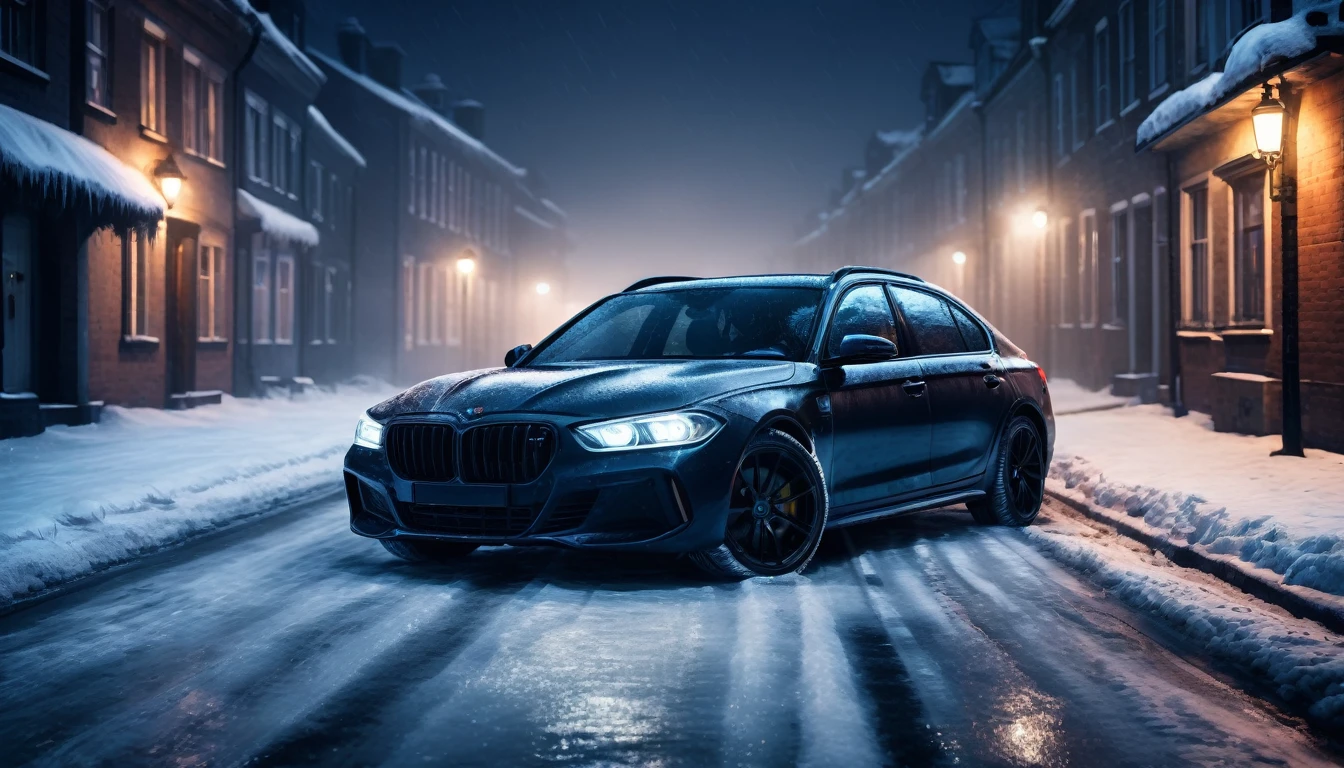 A scary horror image, of a car on a cold winter street at night , PICTURE REALISTIC, high resolution, 8K