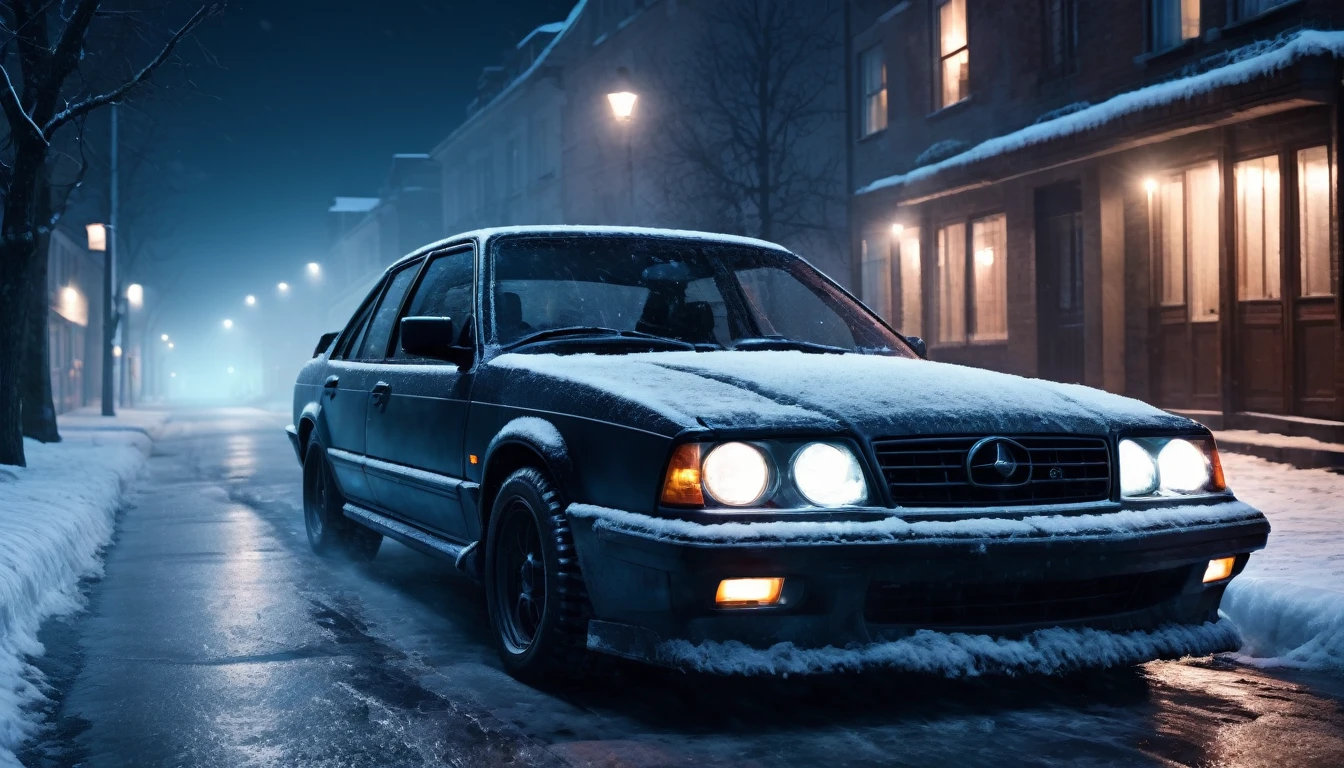 A scary horror image, of a car on a cold winter street at night , PICTURE REALISTIC, high resolution, 8K