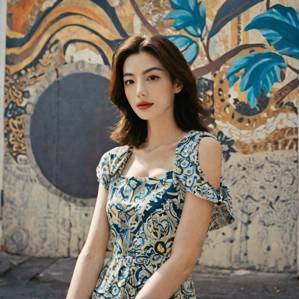 Close up portrait of a gorgeous young beautiful face Korean girls, still from the film, ((solo)), (Anne Hathaway look alike face: 0.9), in a vintage retro 60s print dress, in a vintage retro 60s print dress, wearing high heels, posing in front of a pretty 60s mural, Leica SL3, Summicron-SL 75 f/2 ASPH, kodak gold 200 film, bare shoulder, dynamic action pose,