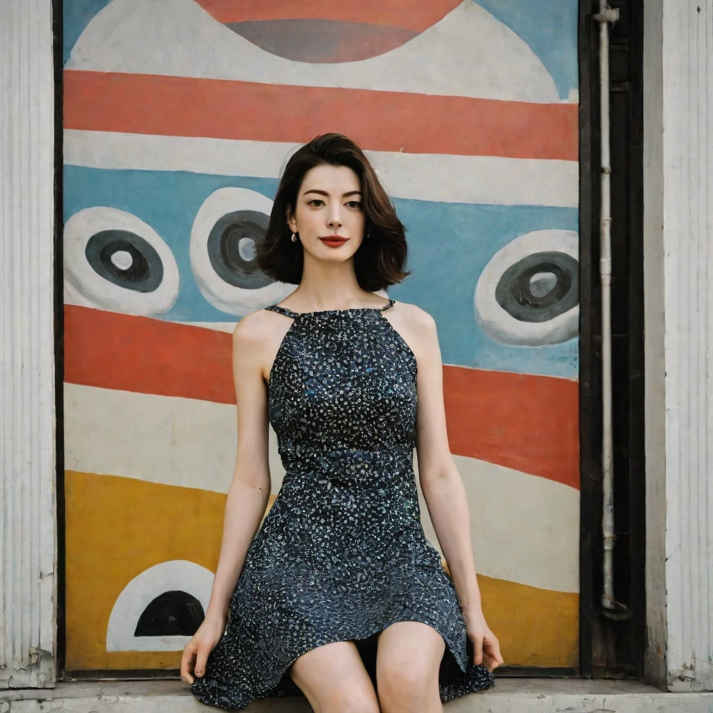 Close up portrait of a gorgeous young beautiful face Korean girls, still from the film, ((solo)), (Anne Hathaway look alike face: 0.9), in a vintage retro 60s print dress, in a vintage retro 60s print dress, wearing high heels, posing in front of a pretty 60s mural, Leica SL3, Summicron-SL 75 f/2 ASPH, kodak gold 200 film, bare shoulder, dynamic action pose,
