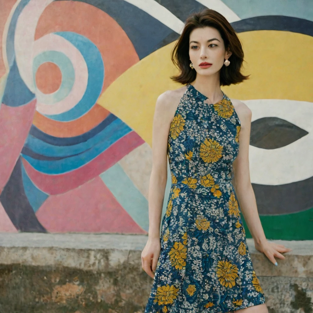 Close up portrait of a gorgeous young beautiful face Korean girls, still from the film, ((solo)), (Anne Hathaway look alike face: 0.9), in a vintage retro 60s print dress, in a vintage retro 60s print dress, wearing high heels, posing in front of a pretty 60s mural, Leica SL3, Summicron-SL 75 f/2 ASPH, kodak gold 200 film, bare shoulder, dynamic action pose,