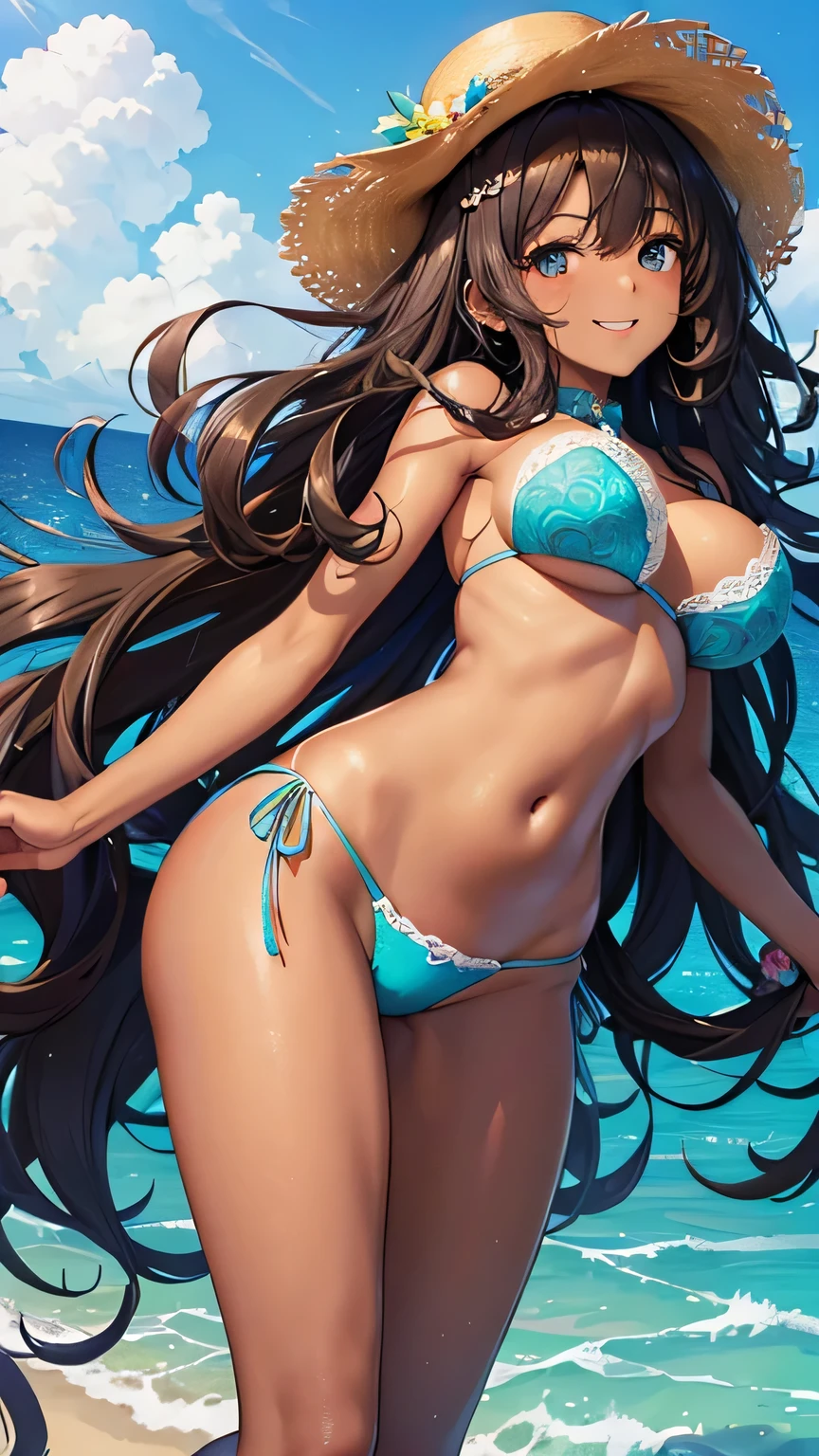 highest quality、Realistic、girl、zoom、Turquoise eyes、Long Curly Hair、Bridal Lingerie、Tanned black body、Brown black skin、slender、Dark Skin、Large Breasts、、A big smile、Summer Sea、Bust Shot、From below