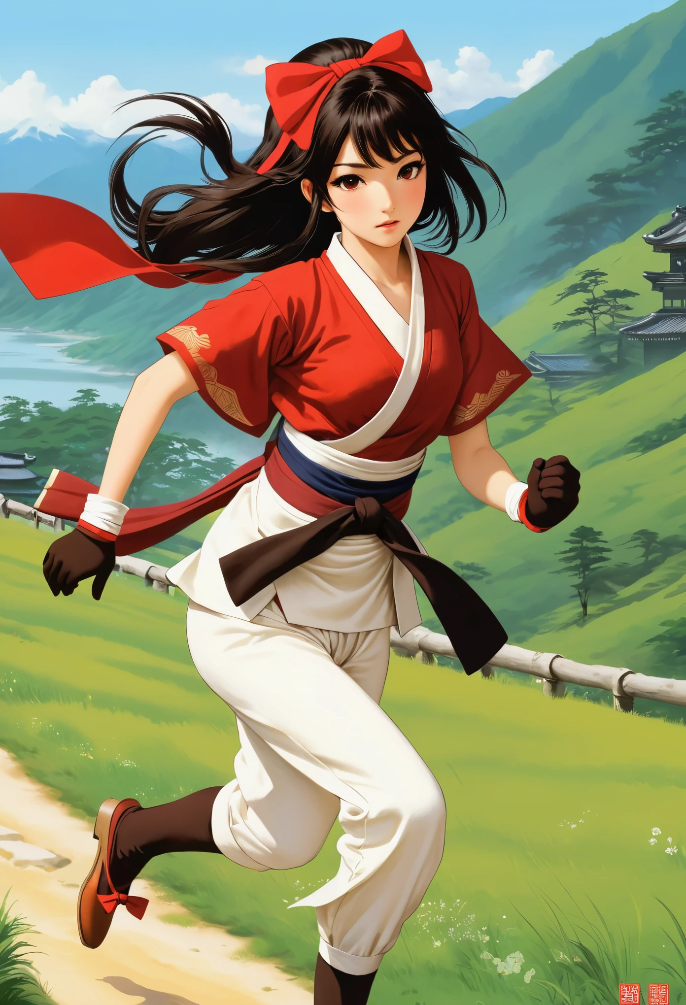 masterpiece, best quality,1 Girl, Solitary, Discomfort, red bow, bow, Long hair, hair bow, Ainu clothing, Solitary, Headband, Black Hair, fingerless Gloves, Short sleeve, Gloves, sash, Bangs, red Headband, breast, Brown eyes, White pants, Japanese clothes, masterpiece, A faint smile, (illustration: 1.5), Running towards the viewer