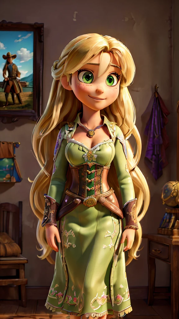 (masterpiece:1.2), (Highest quality), (Super detailed), (8K, 4K, Complex),(Half Body:1.2),(cowboy:1.2),(Very detailed:1.2),(Detailed face:1.2), (Detailed Background),(Portraiture),Detailed landscape, (Dynamic pose:1.2),Rapunzel One Girl, alone, Long Hair, smile, Blonde, dress, very Long Hair, Green Eyes, Arms crossed, corset, purple dress, Huge breasts,