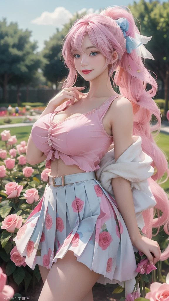 Realistically, high resolution, Soft Lighting,,(1 female 1:1.5), Huge breasts,Radiant skin, Delicate skin, Solitary, Lift your hips slightly, Just looking at the audience, Laugh happily,(Delicate face), White hair, High Ponytail,Pink hair accessories,Long white hair,blue eyes, Transparent tulle headband,The clothes are transparent,(Pleated Skirt),belt,The background is the garden(Full of colorful roses)
