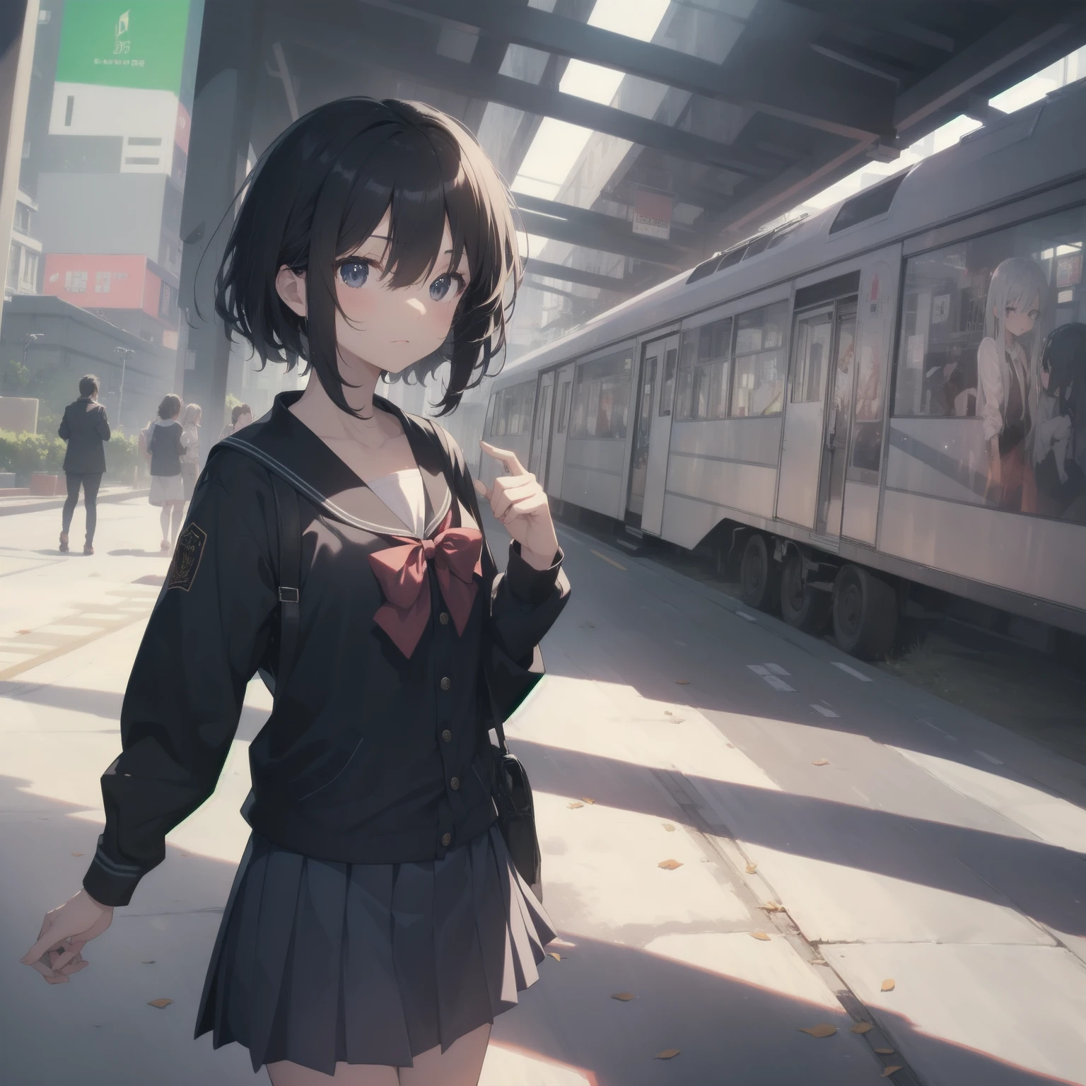 ultra-absurdres-Top quality by artist God, ultra-detailed, high resolution, anime moe artstyle, best anime 8k konachan wallpaper, pixiv contest winner, pool:2810, perfect anatomy,break, 1girl, (Please draw a girl walking sleepily to school alone. )break,(Solo,little female, 13-year-old:1.3),Full limbs, complete fingers,a junior high school student, (very short hair), short cut, flat chest, , small butt, small black eyes, beautiful detailed eyes, well-proportioned iris and pupils, expressive eyes, highres detailed hair, soft expression, salor school_uniform, sailor collar, serahuku, bow, pleated skirt,(Detailed Lighting), (Detailed background), in the School commute route. break,super detailed skin, Best cinematic lighting powered by famous artist, 8k,beauty illustration,photoshop_(medium),very aesthetic,break,((artist:tomose_shunsaku )), artist:clamp ,artist:carnelian ,artist:kantoku ,