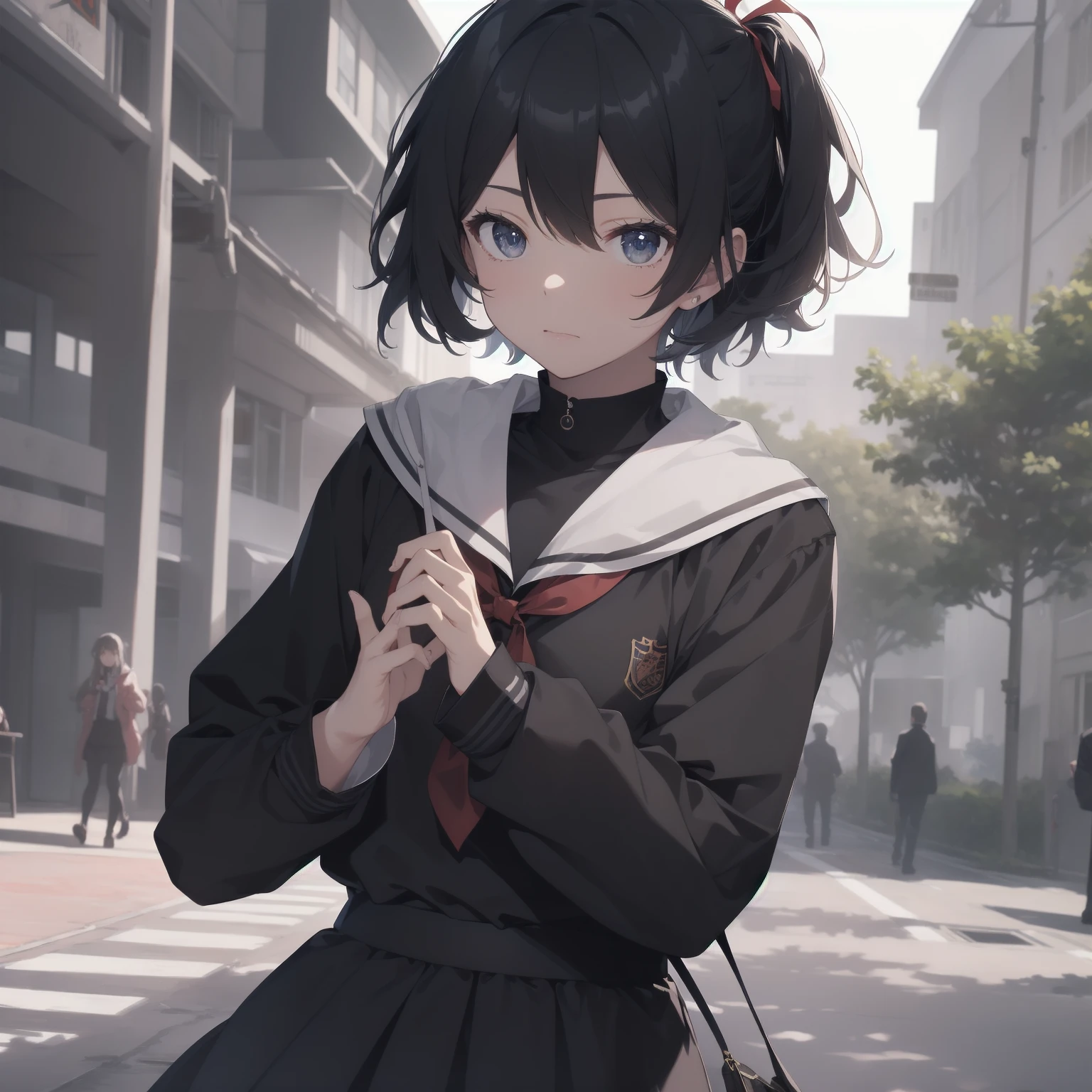 ultra-absurdres-Top quality by artist God, ultra-detailed, high resolution, anime moe artstyle, best anime 8k konachan wallpaper, pixiv contest winner, pool:2810, perfect anatomy,break, 1girl, (Please draw a girl walking sleepily to school alone. )break,(Solo,little female, 13-year-old:1.3),Full limbs, complete fingers,a junior high school student, (very short hair), short cut, flat chest, , small butt, small black eyes, beautiful detailed eyes, well-proportioned iris and pupils, expressive eyes, highres detailed hair, soft expression, salor school_uniform, sailor collar, serahuku, bow, pleated skirt,(Detailed Lighting), (Detailed background), in the School commute route. break,super detailed skin, Best cinematic lighting powered by famous artist, 8k,beauty illustration,photoshop_(medium),very aesthetic,break,((artist:tomose_shunsaku )), artist:clamp ,artist:carnelian ,artist:kantoku ,

