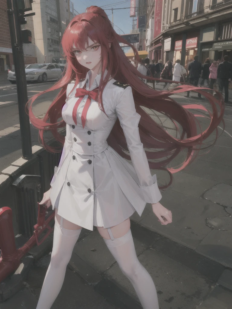 A handsome girl with a princess cut, bright red hair, a white shirt, and a proud chest covered tightly. She is wearing leg rings, black stockings, and high heels. She is standing on the street with bright lights and people coming and going. She has an angry expression and details on her hands.