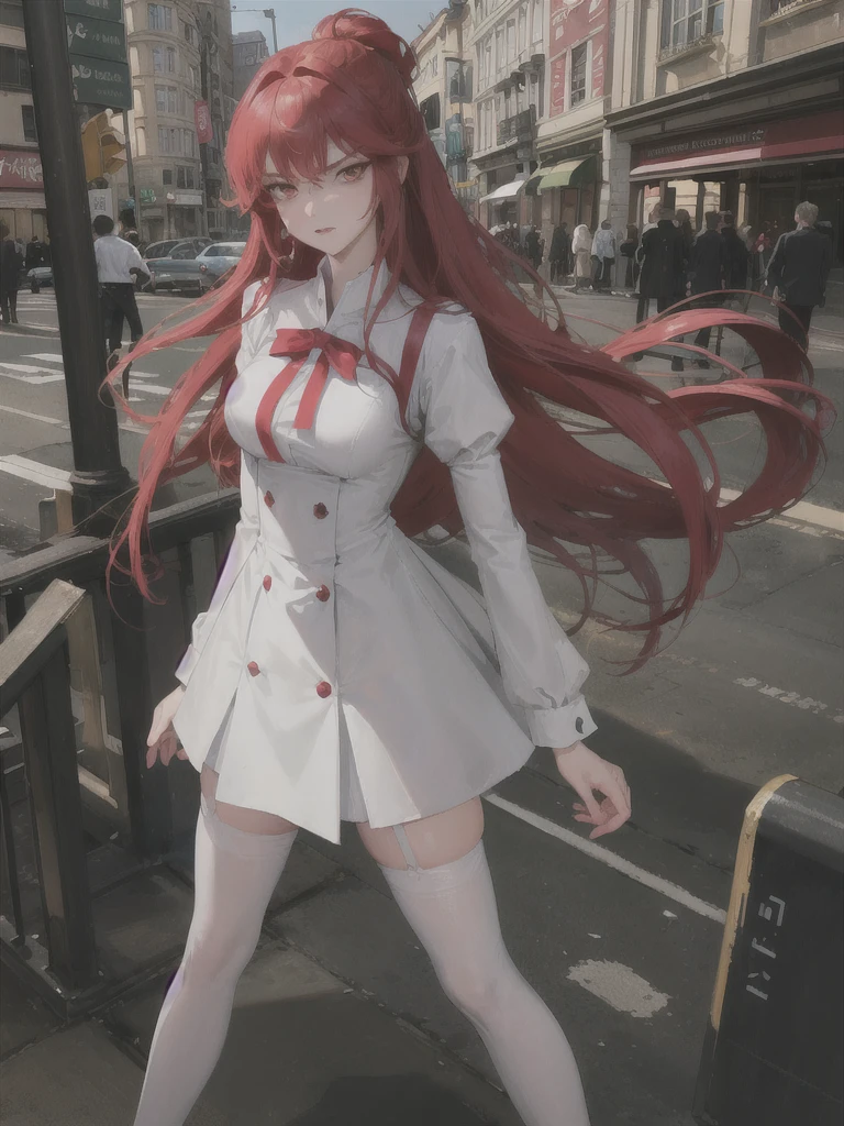 A handsome girl with a princess cut, bright red hair, a white shirt, and a proud chest covered tightly. She is wearing leg rings, black stockings, and high heels. She is standing on the street with bright lights and people coming and going. She has an angry expression and details on her hands.