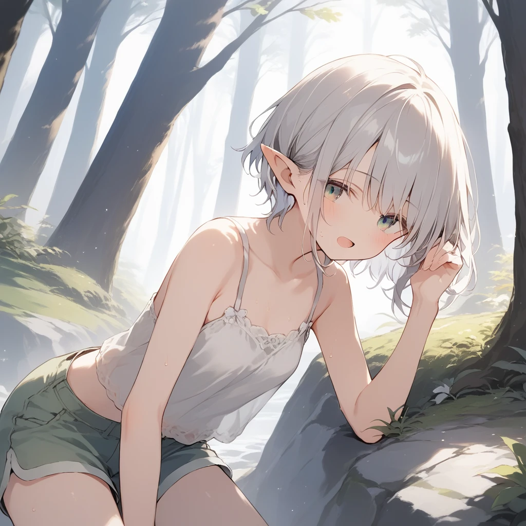 score_9, score_8_up, score_7_up, source_anime, best quality, masterpiece, official art, absurdres, highres, ultra-detailed,waifu2x,Collection: Slice of Life,break,1girl, elf, cool, short hair, slender, androgynous, small breasts, beautiful detailed eyes, green shorts, sweat, open mouth, sleepily, outdoors, forest, spring,break,(clear line illustration:1.2), super detailed skin,very high resolution, very aesthetic, Best sexual lighting powered by famous artist, 8k,cute picture,beauty illustration,photoshop_(medium),,(Detailed Lighting),best anime 8k konachan wallpaper, pixiv contest winner,