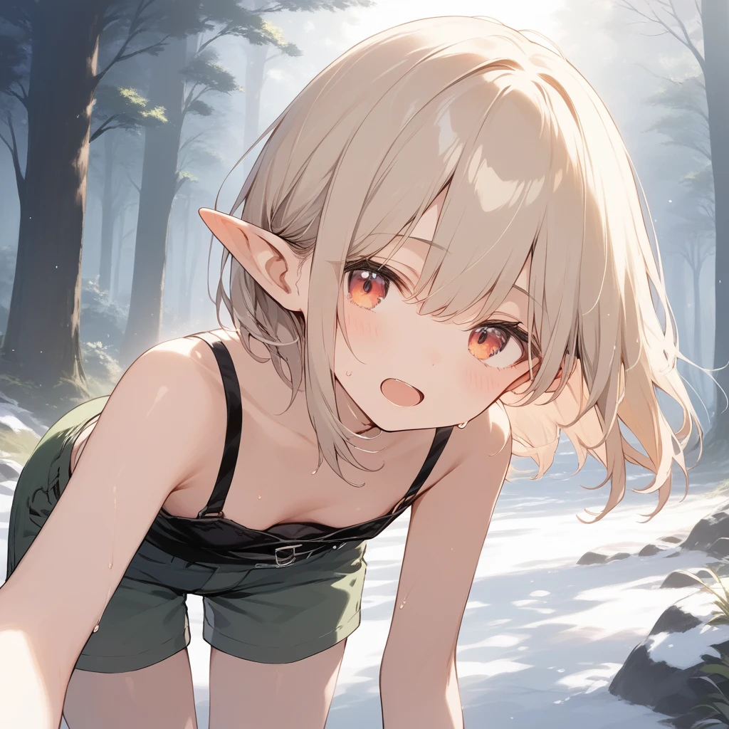 score_9, score_8_up, score_7_up, source_anime, best quality, masterpiece, official art, absurdres, highres, ultra-detailed,waifu2x,Collection: Slice of Life,break,1girl, elf, cool, short hair, slender, androgynous, small breasts, beautiful detailed eyes, green shorts, sweat, open mouth, sleepily, outdoors, forest, spring,break,(clear line illustration:1.2), super detailed skin,very high resolution, very aesthetic, Best sexual lighting powered by famous artist, 8k,cute picture,beauty illustration,photoshop_(medium),,(Detailed Lighting),best anime 8k konachan wallpaper, pixiv contest winner, 