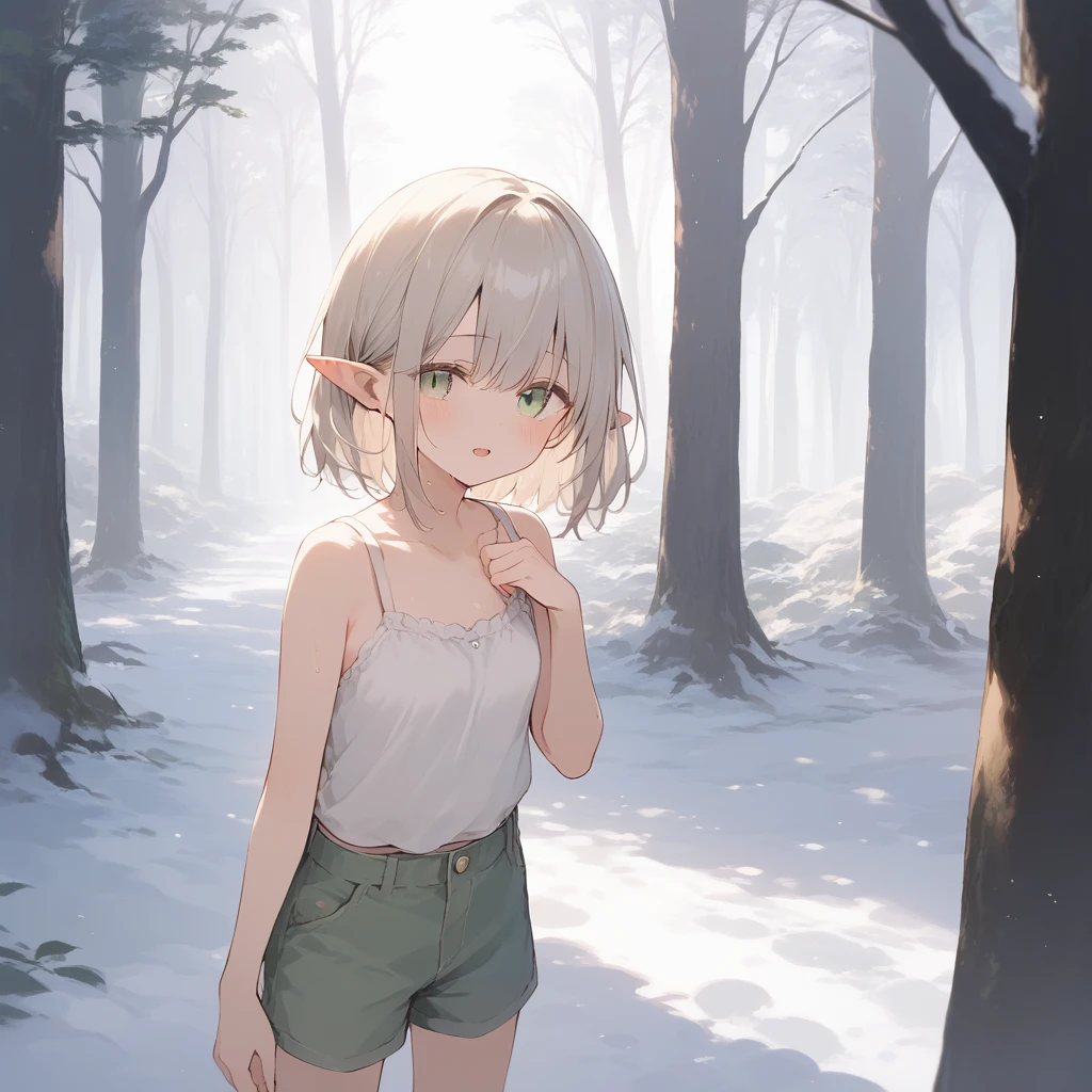 score_9, score_8_up, score_7_up, source_anime, best quality, masterpiece, official art, absurdres, highres, ultra-detailed,waifu2x,Collection: Slice of Life,break,1girl, elf, cool, short hair, slender, androgynous, small breasts, beautiful detailed eyes, green shorts, sweat, open mouth, sleepily, outdoors, forest, spring,break,(clear line illustration:1.2), super detailed skin,very high resolution, very aesthetic, Best sexual lighting powered by famous artist, 8k,cute picture,beauty illustration,photoshop_(medium),,(Detailed Lighting),best anime 8k konachan wallpaper, pixiv contest winner,