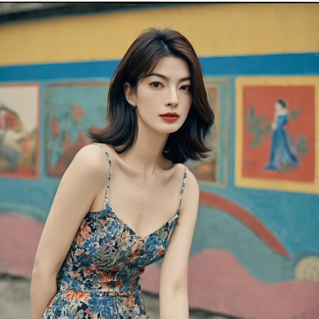 Close up portrait of a gorgeous young beautiful face Korean girls, still from the film, ((solo)), (Anne Hathaway look alike face: 0.9), in a vintage retro 60s print dress, in a vintage retro 60s print dress, wearing high heels, posing in front of a pretty 60s mural, Leica SL3, Summicron-SL 75 f/2 ASPH, kodak gold 200 film, bare shoulder, dynamic action pose,