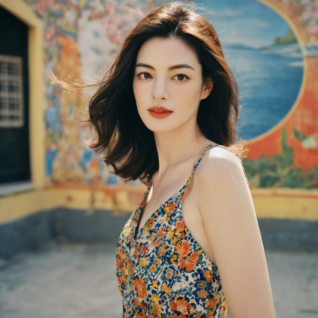 Close up portrait of a gorgeous young beautiful face Korean girls, still from the film, ((solo)), (Anne Hathaway look alike face: 0.9), in a vintage retro 60s print dress, in a vintage retro 60s print dress, wearing high heels, posing in front of a pretty 60s mural, Leica SL3, Summicron-SL 75 f/2 ASPH, kodak gold 200 film, bare shoulder, dynamic action pose,