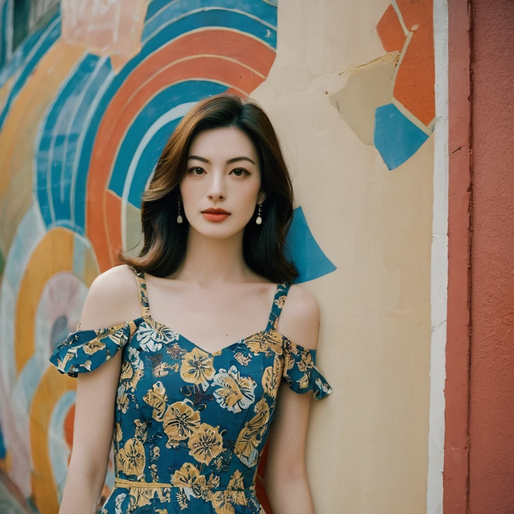 Close up portrait of a gorgeous young beautiful face Korean girls, still from the film, ((solo)), (Anne Hathaway look alike face: 0.9), in a vintage retro 60s print dress, in a vintage retro 60s print dress, wearing high heels, posing in front of a pretty 60s mural, Leica SL3, Summicron-SL 75 f/2 ASPH, kodak gold 200 film, bare shoulder, dynamic action pose,
