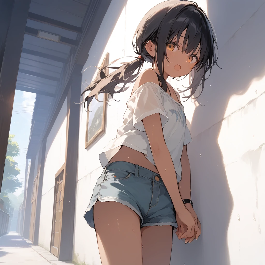 score_9, score_8_up, score_7_up, source_anime, best quality, masterpiece, official art, absurdres, highres, ultra-detailed,waifu2x,Collection: Slice of Life,break,1girl, tomboy, dark-skinned female, short hair, low ponytail, flat chest, beautiful detailed eyes, short shorts, sweat, open mouth, (yawn:0.3), sleepily, outdoors, wind,break,(clear line illustration:1.2), super detailed skin,very high resolution, very aesthetic, Best sexual lighting powered by famous artist, 8k,cute picture,beauty illustration,photoshop_(medium),,(Detailed Lighting),best anime 8k konachan wallpaper, pixiv contest winner,