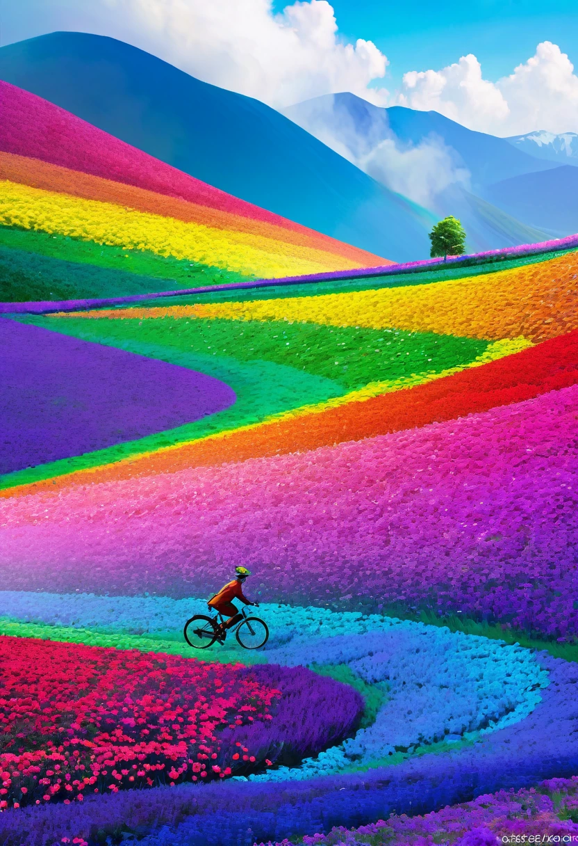 A bicycle running down a rainbow-colored hill，colorful，beautiful flower，wonderful景色，Utopia，An atmosphere full of dreams and hope，masterpiece．16K, Ultra-high resolution, Ultra-high resolution, to be born,wonderful ,future、Iridescent、The world 30 years from now。