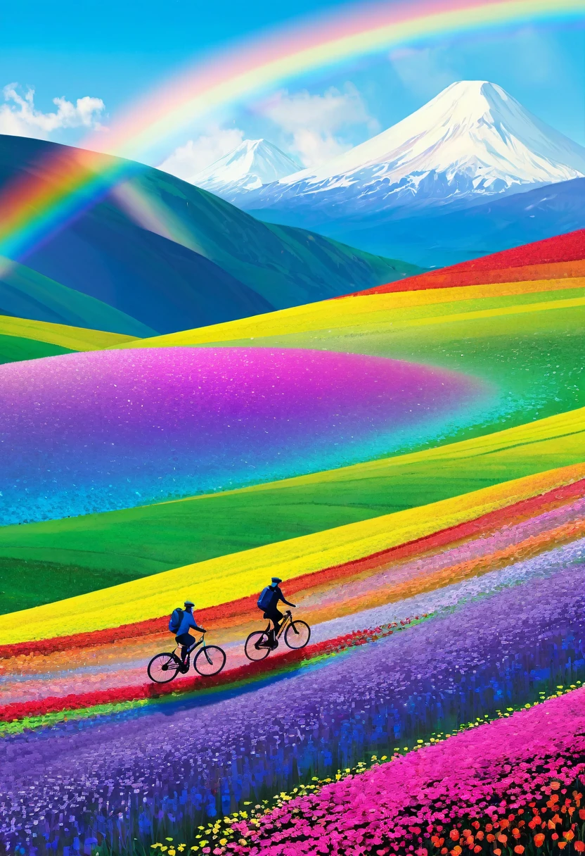 A bicycle running down a rainbow-colored hill，colorful，beautiful flower，wonderful景色，Utopia，An atmosphere full of dreams and hope，masterpiece．16K, Ultra-high resolution, Ultra-high resolution, to be born,wonderful ,future、Iridescent、The world 30 years from now。