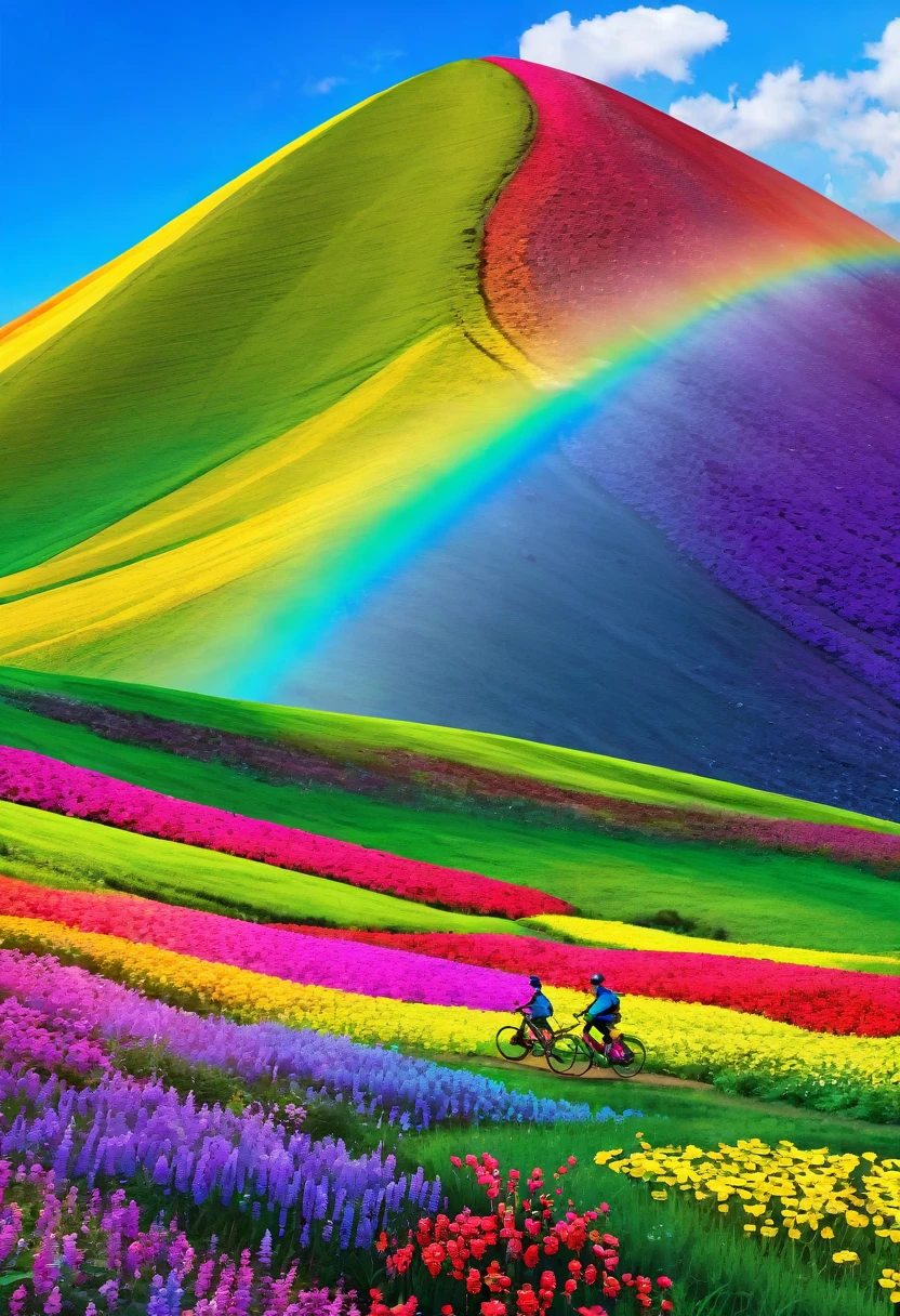 A bicycle running down a rainbow-colored hill,colorful,beautiful flower,wonderful景色,Utopia,An atmosphere full of dreams and hope,masterpiece.16K, Ultra-high resolution, Ultra-high resolution, to be born,wonderful ,future、Iridescent、The world 30 years from now。