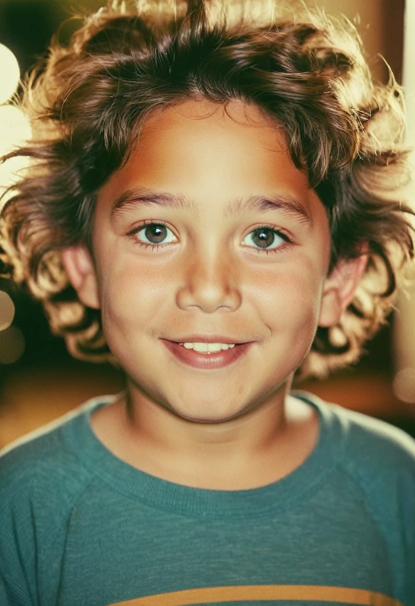 A 's face,y, chubby cheeks, big eyes, long eyelashes, cute smile, messy hair, retro 80s style, warm lighting, nostalgic color palette, film grain, soft focus, cinematic, highly detailed, photorealistic, 8k, best quality