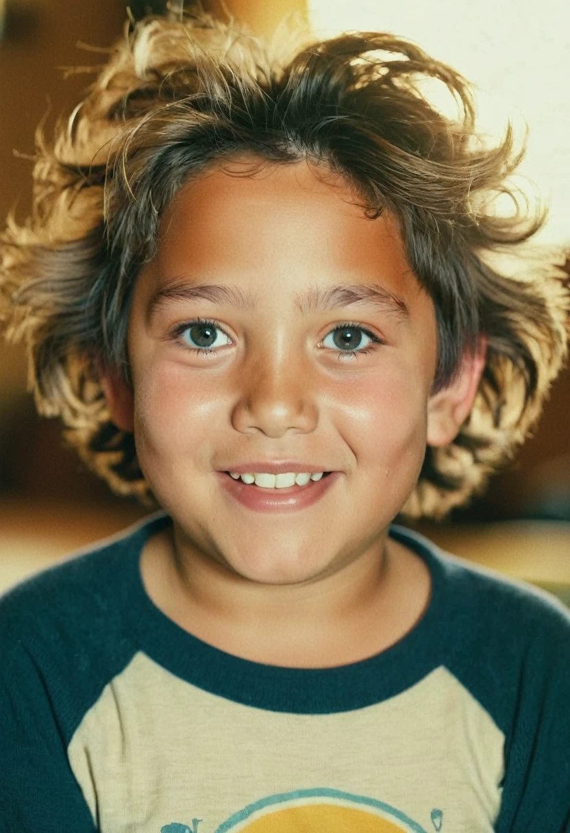 A child's face, 1boy, chubby cheeks, big eyes, long eyelashes, cute smile, messy hair, retro 80s style, warm lighting, nostalgic color palette, film grain, soft focus, cinematic, highly detailed, photorealistic, 8k, best quality