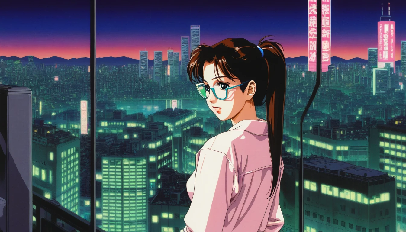 ((best quality)), ((masterpiece)), (detailed), 1girl, sexyhighest quality, masterpiece, Very detailed, Detailed Background, anime, One girl, Young girl, Sexy Girls, Black hair ponytail girl,　 Atmospheric lighting, Focus Only, close　 Depth of written boundary, Bokeh　1990年代anime　１９８０年代anime　１９８０Period Fashion　 　City Pop 　　Big glasses　 Beautiful eyes　B90,W60，H90 White Skin　Pink lighting　Light pink clothes pixel, 16-bit Style, Pixel art, Nintendo game scene, Cool colors, green,Shinjuku at night in the background, Skyscraper, Skyline, Modern, Colorful lights, dark, A girl in the foreground, whole body,greenい瞳