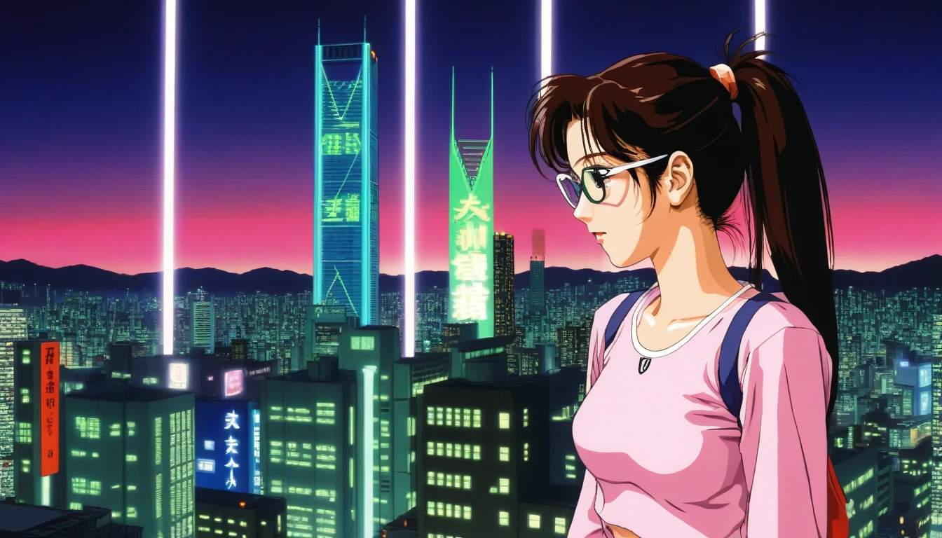 ((best quality)), ((masterpiece)), (detailed), 1girl, sexyhighest quality, masterpiece, Very detailed, Detailed Background, anime, One girl, Young girl, Sexy Girls, Black hair ponytail girl,　 Atmospheric lighting, Focus Only, close　 Depth of written boundary, Bokeh　1990年代anime　１９８０年代anime　１９８０Period Fashion　 　City Pop 　　Big glasses　 Beautiful eyes　B90,W60，H90 White Skin　Pink lighting　Light pink clothes pixel, 16-bit Style, Pixel art, Nintendo game scene, Cool colors, green,Shinjuku at night in the background, Skyscraper, Skyline, Modern, Colorful lights, dark, A girl in the foreground, whole body,greenい瞳