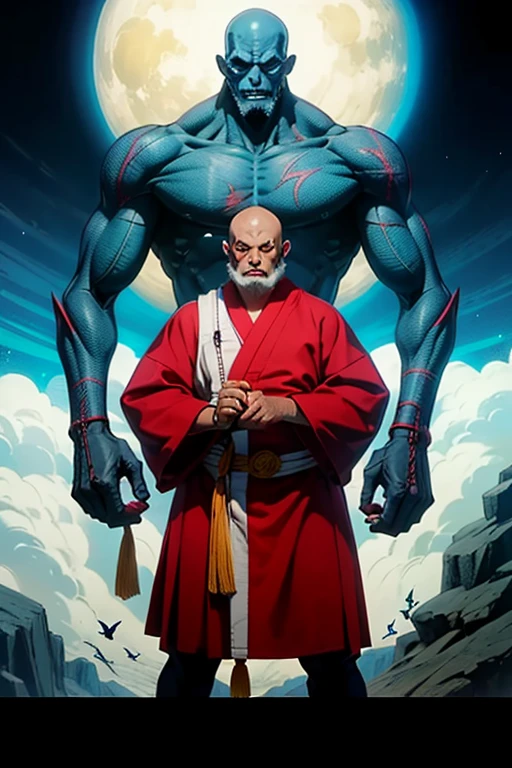 (man:1.5), (dwarf type beard, dark grey skin, changeling, monk, red eyes, bald), full body, Cinematic lighting, anime style, (butterfly tattoo), fighting monk pose, palm strike