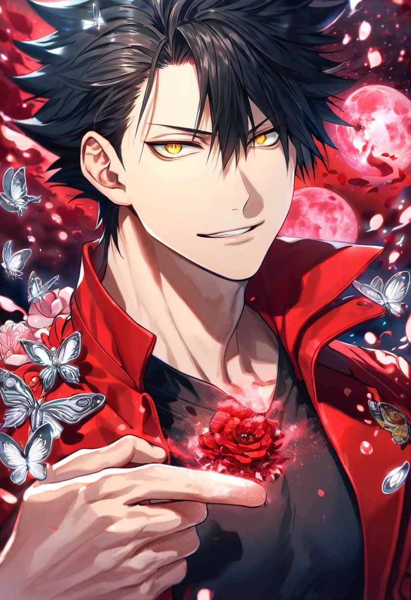 absurdres, highres, ultra detailed, HDR, master piece, extremely detailed, Kuroo Tetsurou, black hair, expressive yellow eyes, Haikyuu!, sexy man, handsome, best quality, red moon, red flowers, fantasy, magical, solo, red water, red shining fireflies, red petals, handsome smile, silver small butterflies, red dust, red jacket, black tight shirt