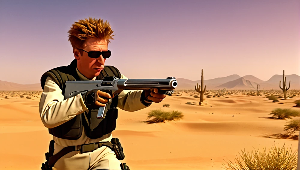 Fry holding Gun running Desert in Future 