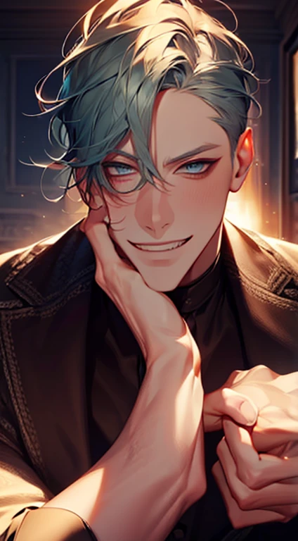 (best quality,4k,8k,highres,masterpiece:1.2),ultra-detailed,(realistic,photorealistic,photo-realistic:1.37),1 man,31 years old,mature man,very handsome,without expression,smile,short grey green hair,blue eyes,penetrating gaze,perfect face without errors,imposing posture,businessman,office background,cinematic lighting,hdr image