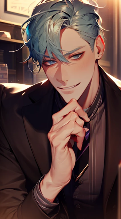 (best quality,4k,8k,highres,masterpiece:1.2),ultra-detailed,(realistic,photorealistic,photo-realistic:1.37),1 man,31 years old,mature man,very handsome,without expression,smile,short grey green hair,blue eyes,penetrating gaze,perfect face without errors,imposing posture,businessman,office background,cinematic lighting,hdr image