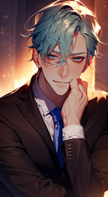 (best quality,4k,8k,highres,masterpiece:1.2),ultra-detailed,(realistic,photorealistic,photo-realistic:1.37),1 man,31 years old,mature man,very handsome,without expression,smile,short grey green hair,blue eyes,penetrating gaze,perfect face without errors,imposing posture,businessman,office background,cinematic lighting,hdr image