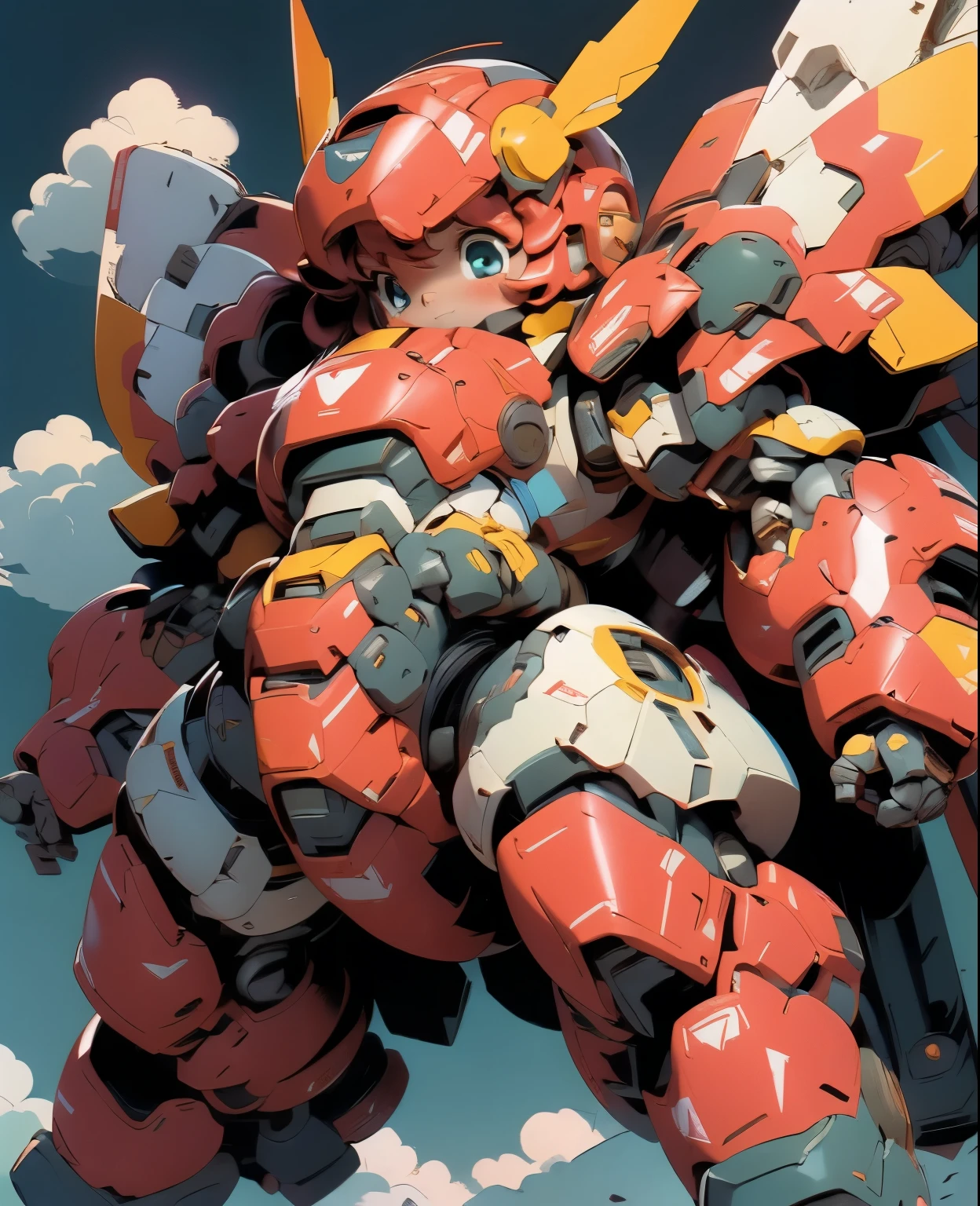 (((1 chibi girl in large red-colored robot costume, from below))), (holding weapons), (chibi), (bulky:1.8), (((helmet:1.5))), (((looking down:1.4))), large cute face, mechanical parts, ((mechanical wings)), (full armor:1.8), (mecha armor:1.8), (shoulder guards:1.2),(huger arms), ((mechanical arms:1.5)), (short legs), (huger body:1.8), (heavy equipment:1.6), (from below), (headgear), blue sky, white clouds, robot joints, becoming a mecha, mecha, (RARS), (HRS), ROBOTANIMESTYLE, BJ_Cute_Mech,cute, girl BREAK ((masterpiece)), vibrant colors, 8k, best quality, ultra detailed illustration, ((best quality)), ((high resolution)), flawless skin textures, shiny oiled skin, extremely detailed anime eyes , extreme light and shadow