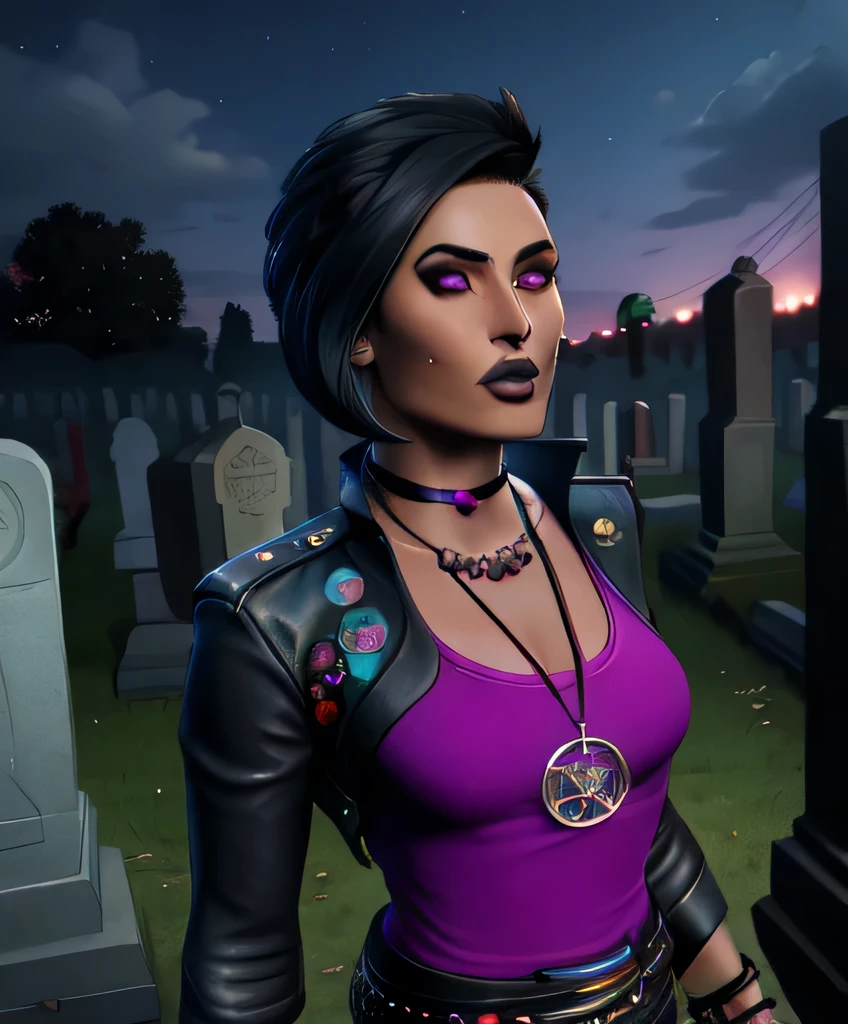 nico,piercing,nose piercing,black hair,hair to side,black lips,short short hair, brown eyes, 
earrings,necklace,leather jacket,pink shirt,belt,black pants,bracelet,choker,
standing,upper body,
night,outside,cemetery,
(insanely detailed, beautiful detailed face,beautiful detailed eyes, masterpiece, best quality),solo,