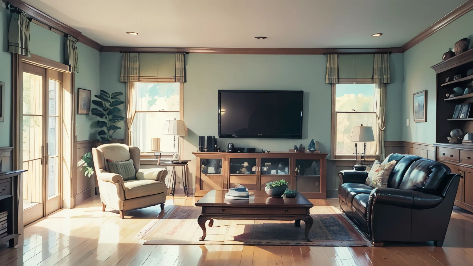 masterpiece, best quality, absurdres, illustration, background, interior, american suburban living room, super detailed, super shading, realistic, tv