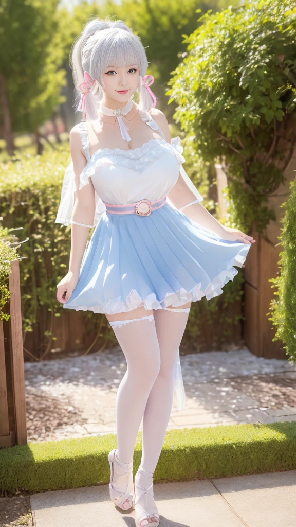 Realistically, high resolution, Soft Lighting,,(1 female 1:1.5), Huge breasts,Radiant skin, Delicate skin, Solitary, Lift your hips slightly, Just looking at the audience, Laugh happily,(Delicate face), White hair, High Ponytail,Pink hair accessories,Long white hair,blue eyes, Transparent tulle headband,The clothes are transparent,(Pleated Skirt),belt,The background is the garden(Full of colorful roses),Pantyhose